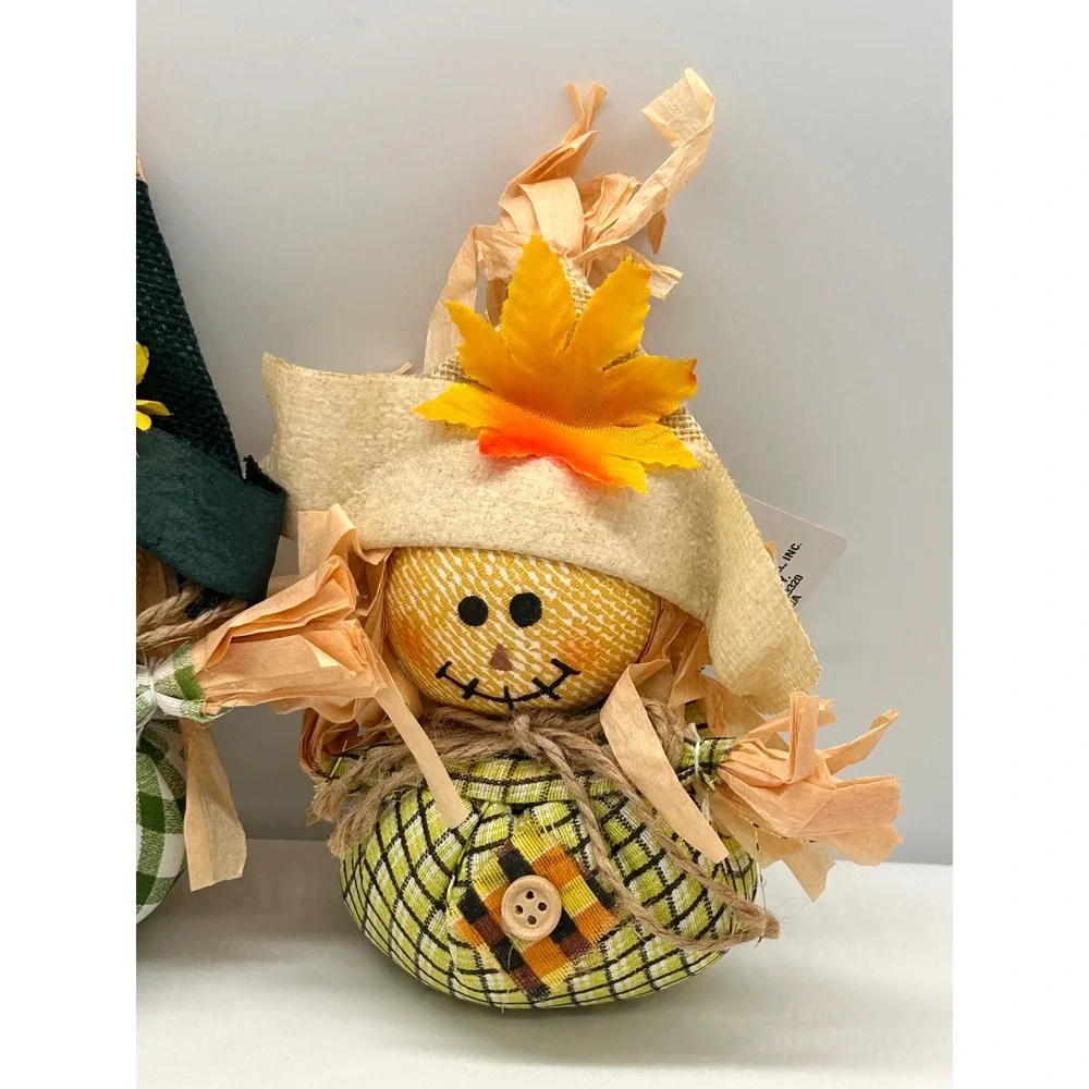 Autumn Scarecrow Figurine Set 2pc Green Yellow Gingham Plaid Fall Harvest Decor